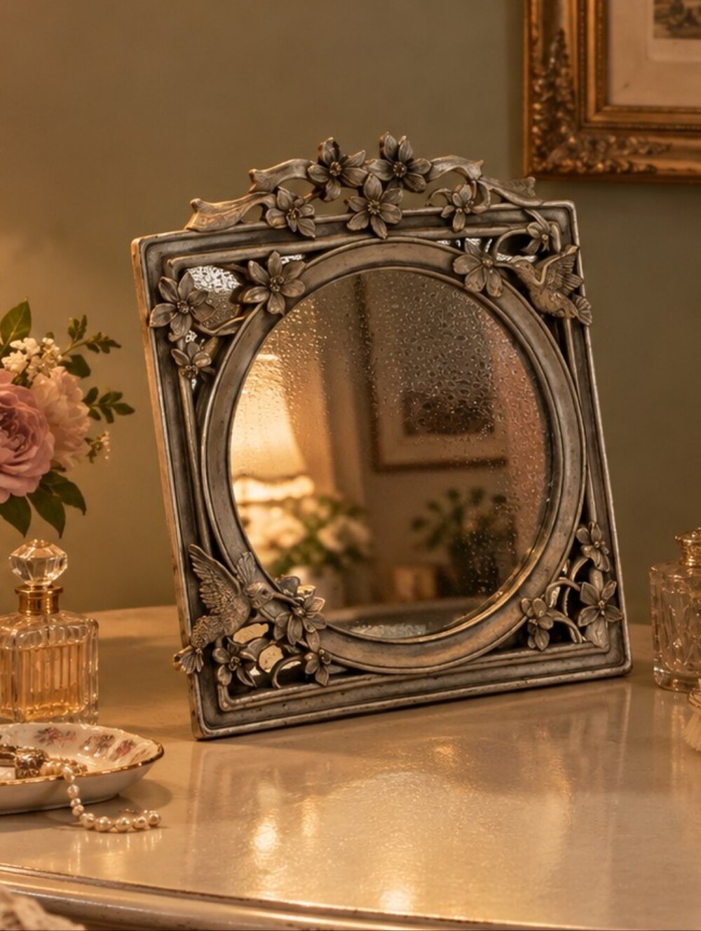 Vintage Pewter Mirror Seagull 1990 Hummingbirds Floral Decorative Border